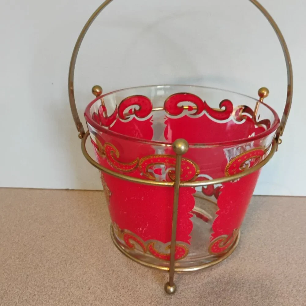 Starlyte Red Enamel and Gold Vintage Ice Bucket and Carrier
